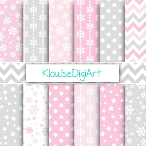Light Gray and Pink Christmas Winter Digital Printable Papers with Snowflakes, Chevrons and Stars