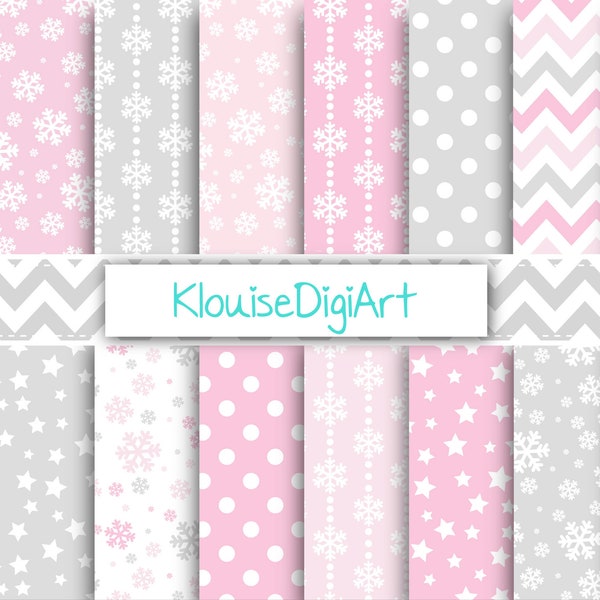 Light Gray and Pink Christmas Winter Digital Printable Papers with Snowflakes, Chevrons and Stars
