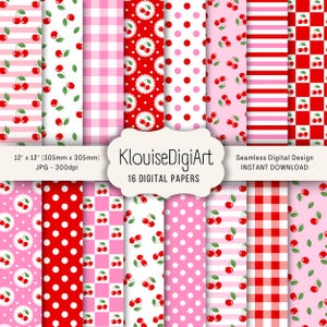 Seamless Pink and Red Cherry Digital Printable Papers with Cherries, Stripes, Dots