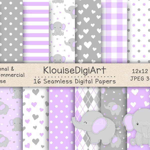 Seamless Elephant Purple and Gray Digital Printable Papers with Elephant Clipart