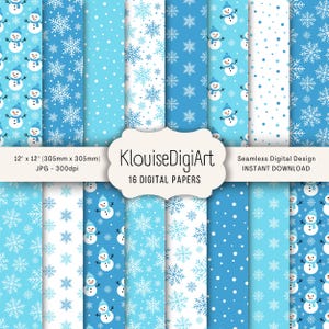 May include: A collection of 16 digital papers with winter-themed patterns. The designs include snowmen, snowflakes, and polka dots in shades of blue and white. Each paper measures 12 x 12 inches (305mm x 305mm). The image includes the text "KlouiseDigiArt".