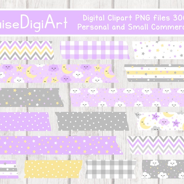Moon, Stars and Clouds Digital Washi Tape Clipart in Purple, Yellow and Gray