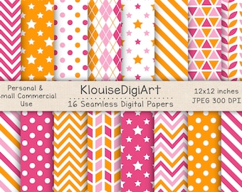 Seamless Pink, Orange and White Digital Printable Papers with Polka Dots, Stars, Stripes