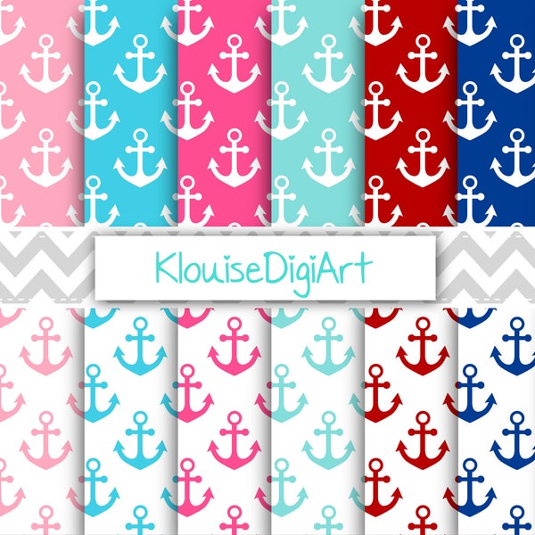 Nautical Anchors Digital Printable Papers in Red, Blue, Green and Pink