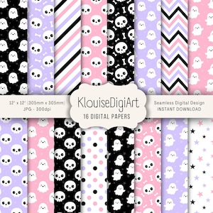 May include: A collection of 16 digital papers with various patterns, including skulls, ghosts, stripes, and polka dots. The papers are in black, white, pink, and purple. Each paper measures 12 x 12 inches.