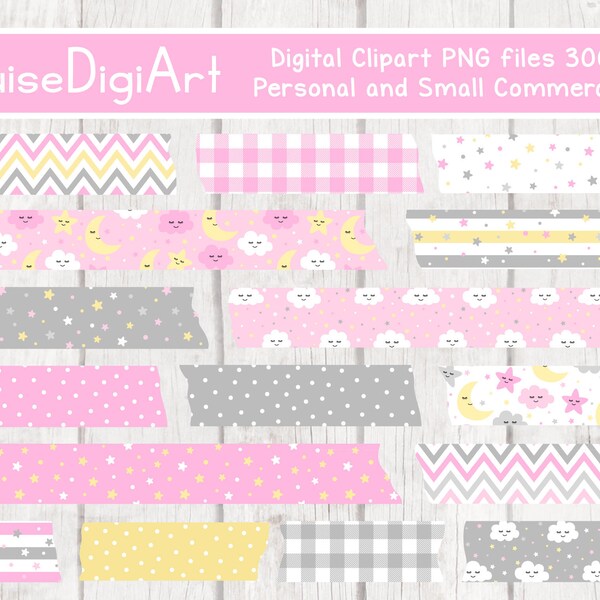 Moon, Stars and Clouds Digital Washi Tape Clipart in Pink, Yellow and Gray