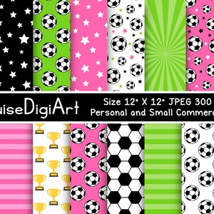Soccer Football Sport Digital Papers Patterns in Bright Pink, Green and Black