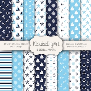 Papiers nautiques numériques nautiques sans couture bleu ciel et bleu marine avec ancres, voiliers, étoiles de mer