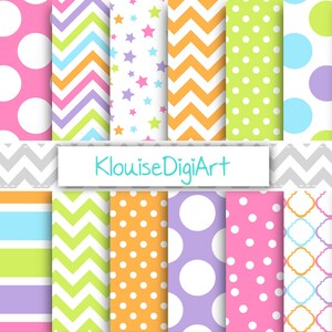 Può includere: Un set di 16 motivi di carta digitale in vari colori e design, tra cui pois, strisce, chevron e stelle. I motivi sono perfetti per lo scrapbooking, la creazione di biglietti e altri progetti di artigianato. Il testo "KlouiseDigiArt" è visualizzato al centro dell'immagine.