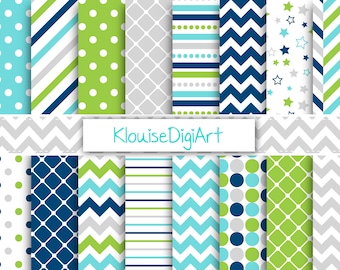 May include: A set of 16 digital paper patterns in blue, green, grey, and white. The patterns include polka dots, stripes, chevron, and stars.
