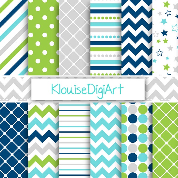 Green, Blue and Gray Digital Papers with Stars, Quatrefoil, Stripes and Chevrons
