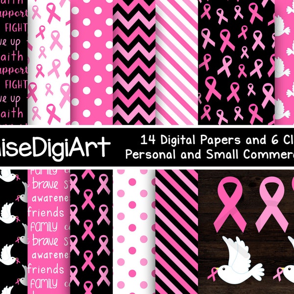 Breast Cancer Awareness Pink Ribbons Digital Papers and Clipart