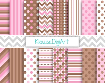 Papeles digitales para scrapbooking en tonos rosa y marrón oscuro con rayas, chevrones y lunares