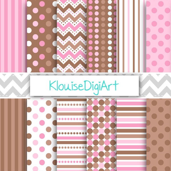 Pink and Dark Brown Digital Scrapbooking Papers with Stripes, Chevrons and Polka Dots