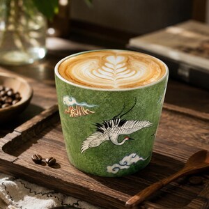 May include: A green ceramic coffee mug with a crane illustration, filled with a latte. The mug sits on a wooden tray with coffee beans and a wooden spoon. The latte art features a heart design.