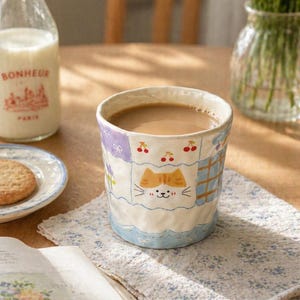 Taza de cerámica hecha a mano con borde irregular / Lindo diseño de patchwork / Taza artesanal con estilo curativo / Taza de gato con borde ondulado pintada a mano / Taza de cerámica irregular