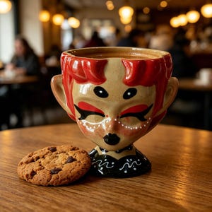May include: A ceramic mug shaped like a stylized face with bright red hair, black eyeliner, and dark lips, featuring a pedestal base with white decorative accents. A round, golden-brown chocolate chip cookie sits beside the mug on the surface.