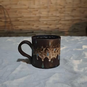 Wabi Sabi Handmade Ceramic Coffee Mug, Drip Glaze Stoneware Tea Cup with Raindrop Design, Rustic Artisan Pottery Mug for Coffee Lover Gift