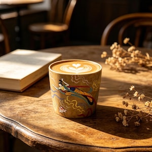 Puede incluir: Una taza de café de cerámica con un café con leche con un diseño en forma de corazón. La taza tiene un fondo beige con una ilustración colorida de una figura con cintas que fluyen. La taza está sobre una mesa de madera.