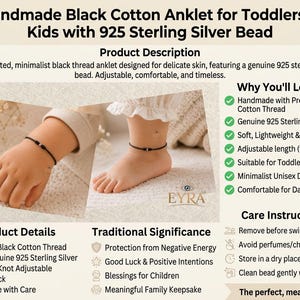 Peut inclure: Un bracelet de cheville en fil de coton noir avec une perle en argent sterling 925. Le produit est présenté avec du texte incluant Handmade Black Cotton Anklet for Toddlers & Kids with 925 Sterling Silver Bead et Product Description.