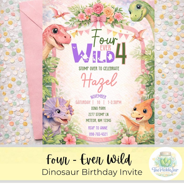 Convite de Aniversário "Menina Selvagem de Quatro Anos" | Convite para Festa de 4 Anos com Tema de Dinossauro | Editável no Canva | Aniversário com Dinossauro Rosa | Download Imediato