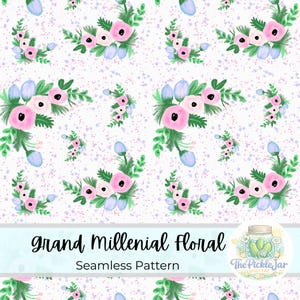 May include: Seamless floral pattern featuring pink and light blue flowers with green leaves on a white background with purple speckles. The text "Grand Millenial Floral" and "Seamless Pattern" are displayed at the bottom of the image.