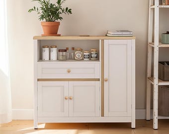 35" Modern White Storage Cabinet — Kitchen Buffet & Coffee Bar with Drawer And Open Shelf