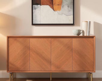 Mid Century Sideboard Chevron Buffet Cabinet Wood Credenza Brown Storage