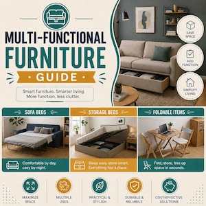 May include: A guide to multi-functional furniture. The image showcases sofa beds, storage beds, and foldable items. Text highlights features like maximizing space, multiple uses, and cost-effective solutions. The guide promotes smart living with more function and less clutter.