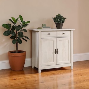 May include: A small, off-white wooden cabinet with two doors and a drawer, featuring dark hardware. A potted plant sits on top, and a larger potted plant is to the left. The cabinet is on a hardwood floor.