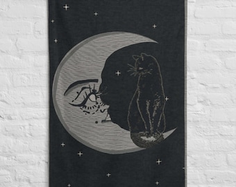 Tapiz de gato lunar, tapiz de gato negro para colgar en la pared, decoración lunar celestial, decoración minimalista gótica para habitaciones, arte mural con estética de bruja, estilo Dark Academia.