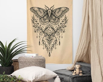 Decoración de pared estilo boho con polillas: diseño floral celestial de polillas / Decoración natural de estética neutra / Póster botánico minimalista de inspiración mística