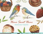 Cozy Watercolor Clipart PNG, Birds, Coffee, Strawberry, Home, Fruit Basket, Scrapbooking, Stationery Paper, Vintage Images, Commercial Use.