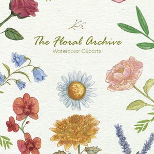 Pode incluir: Clipart em aquarela com uma variedade de flores, incluindo rosas, margaridas e orquídeas. O texto "The Floral Archive" e "Watercolor Cliparts" é exibido. A paleta de cores inclui tons de rosa, laranja, amarelo e azul.