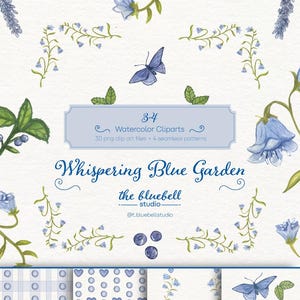 Pode incluir: Conjunto de cliparts em aquarela com flores de sino, borboletas e padrões sem costura. O design inclui o texto "Whispering Blue Garden" e "the bluebell studio". A paleta de cores é principalmente azul e verde.