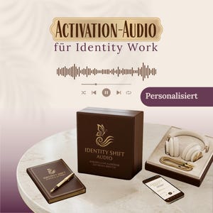 Könnte beinhalten: Werbebild mit einer braunen Box, einem Notizbuch, einem Stift, einem Smartphone und weißen Kopfhörern. Die Box trägt den Schriftzug "IDENTITY SHIFT AUDIO" und ein Schmetterlingslogo. Der Text "ACTIVATION-AUDIO" und "Personalisiert" sind ebenfalls enthalten.