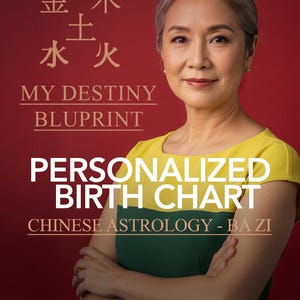 Peut inclure: Une femme en robe jaune et verte devant un fond rouge. Le texte sur l'image indique "MY DESTINY BLUPRINT" et "PERSONALIZED BIRTH CHART CHINESE ASTROLOGY - BA ZI". Des caractères chinois sont également visibles.