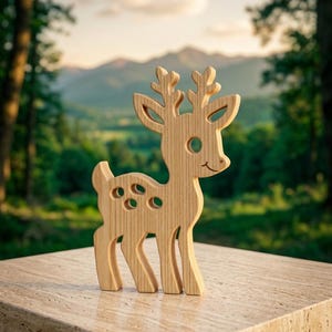 May include: A wooden deer figurine with a smiling face, antlers, and spotted back. The light-coloured wood grain is visible. The deer stands on a stone surface with a blurred forest and mountain backdrop.