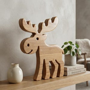 May include: A light brown wooden moose figurine with a smooth finish, featuring a stylised silhouette with large antlers, a rounded snout, and a simple circular eye, standing upright as a decorative object on a flat wooden surface.