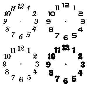May include: Four sets of black clock numerals arranged in circular patterns. Each set includes numbers one through twelve in distinct black fonts, featuring a central dot for clock hands. The designs vary from classic serif to bold, rounded, and wavy styles.