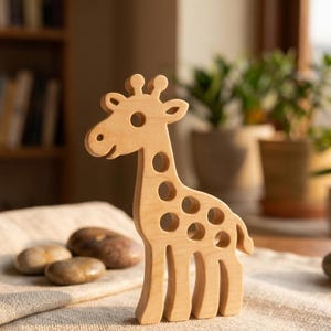Può includere: Un giocattolo a forma di giraffa in legno marrone chiaro. La giraffa ha un collo lungo, piccole orecchie e ritagli circolari sul corpo. È appoggiata su una superficie beige, con pietre lisce sullo sfondo. Un giocattolo per bambini.