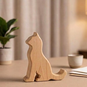 May include: A wooden cat figurine in a sitting pose. The cat is carved from light-colored wood and has a smooth finish. The figurine is placed on a neutral-toned surface, with a plant and a small cup in the background.