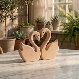 Op de afbeelding: Twee lichtgekleurde houten zwaanfiguren die tegenover elkaar staan. Elke zwaan heeft een glad, uitgesneden oppervlak met een natuurlijk houtnerfpatroon, gebogen halzen en gestileerde vleugeldetails, wat een symmetrische vorm creëert.