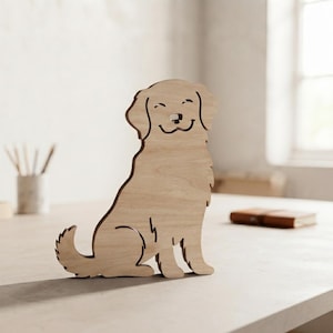 May include: A light brown wooden cutout in the shape of a sitting dog. The figure features a smooth, natural wood grain finish with laser-cut details defining the dog's ears, facial features, and tail, creating a simple, flat silhouette.
