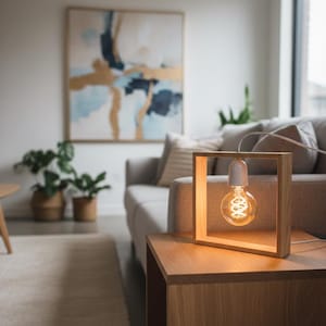 Puede incluir: Lámpara de mesa moderna de madera con diseño de marco cuadrado. La lámpara presenta una bombilla Edison de brillo cálido. La lámpara está sobre una mesa auxiliar de madera en un salón. La habitación incluye un sofá, obras de arte y plantas en macetas.