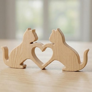 Può includere: Statuetta in legno raffigurante due gatti che formano un cuore. I gatti, in legno chiaro, si fronteggiano, i loro corpi formano un cuore vuoto. Oggetto decorativo, ideale per una mensola o un tavolo. Una decorazione affascinante.