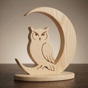 Puede incluir: Una escultura de madera de color claro que presenta un búho tallado posado sobre una forma de luna creciente. Toda la pieza está montada sobre una base circular de madera, mostrando la veta natural y la textura suave del material.