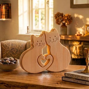 May include: Two wooden cat figurines, connected by a heart-shaped cutout. The cats are light brown with etched facial features. The figurines are displayed on a wooden table, with a bowl of stones and a candle holder in the background.