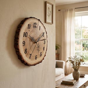 Può includere: Un orologio da parete rotondo realizzato con una fetta di legno naturale con bordi in corteccia visibili. Il quadrante presenta numeri arabi neri da 1 a 12, lancette in metallo nero decorate e un piccolo disegno floreale a linee.