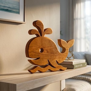 May include: A smooth, light brown wooden cutout of a whale with a water spout on its head and a wavy base. The whale figure features a circular cutout for an eye and a curved tail, standing upright on a flat surface with a natural wood grain finish.